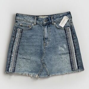 NWT Free People Beaded Sequin Western Cowgirl Distressed‎ Denim Mini Skirt Sz 0
